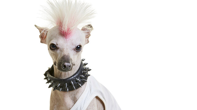 Chinese Crested dog with pink mohawk and spiked collar