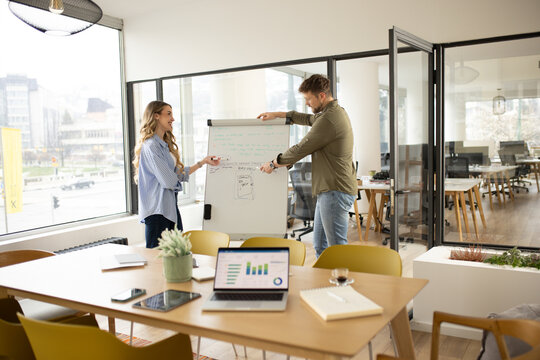 Man and woman brainstorm strategy on a whiteboard in the office