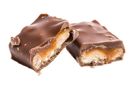 Broken chocolate bar with caramel and nougat filling on transparent background.