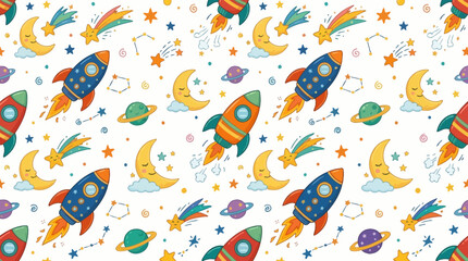 Cute Cartoon Space Rocket and Moon Pattern © Brownis