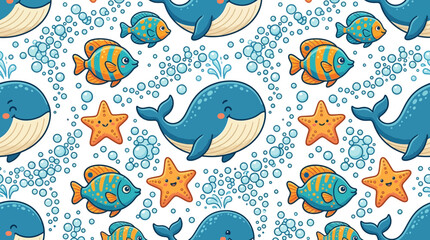 Naklejka premium Cute cartoon whale and fish pattern
