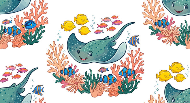 Cute cartoon stingray swimming with fish and coral