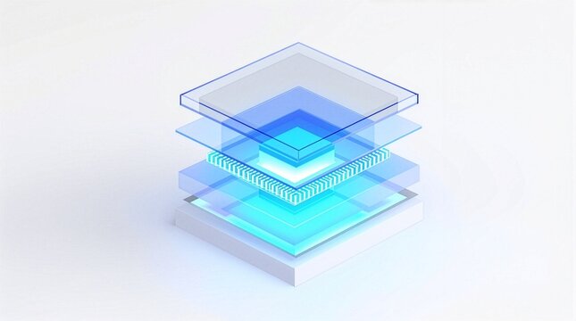 Isometric 16:9 3D render diagram showing exploded layered structure of solid-state battery