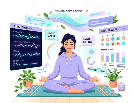 Vector illustration of a meditating person with brainwave graphics and mood trackers