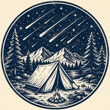 Generative AI created retro lino-cut style camping artwork featuring a canvas tent, pine trees, mystical starry sky, meteor shower, and bold hand-carved textures with vintage appeal.