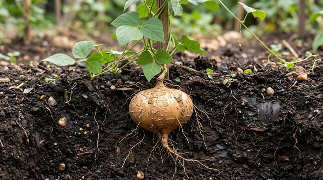 Jicama root growing in dark fertile soil with green leaves under natural daylight in garden