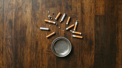 Fototapeta premium Ashtrays filled with crushed cigarettes and tobacco remnants are scattered on a wooden surface, representing smoking habits and addiction, This image can be used for health articles or campaigns,