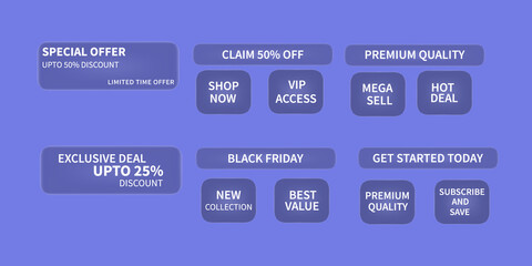 Naklejka premium 3D Glassmorphism Web UI Button Set with Discount Badges and Promotional Labels