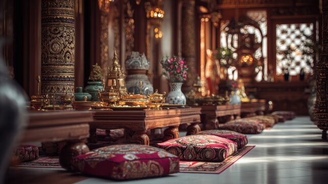 Luxurious traditional interior with golden artifacts and floor cushions
