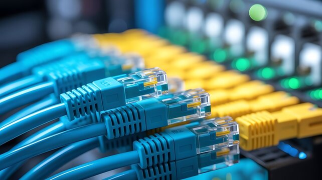 Multiple blue and yellow ethernet network cables plugged into a server switch with blurred green status lights in a data center