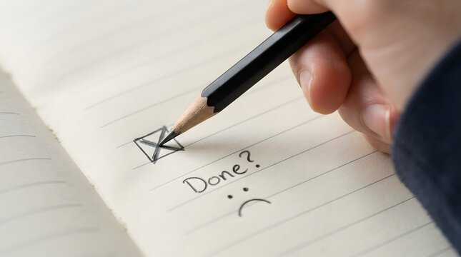 Close up of a hand writing on a notepad with a pen with the word done and a smiley face in a workspace