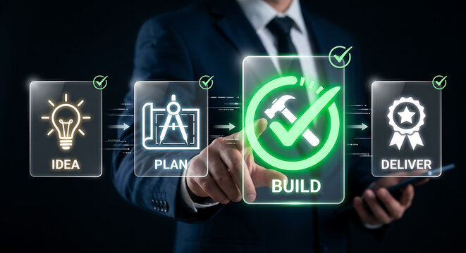 Businessman interacting with digital project management workflow interface