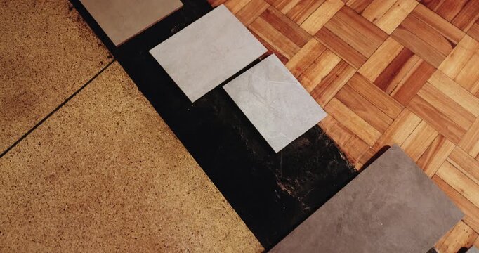Wood, floor and tiles with interior design for renovation, improvement or installation options. Top view, surface equipment or material with selection for building choice, remodeling or revamp space