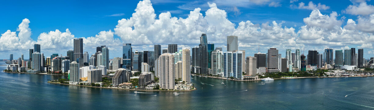 Cityscape skyscraper in Florida. Panoramic skyline cityscape. City panorama. City downtown with skyscraper. Aerial Miami panorama. Panoramic Brickell Key. Skyscraper building architecture