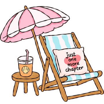 Beach Reading Chair with Umbrella Drink and Book Hand Drawn Coastal Summer Doodle