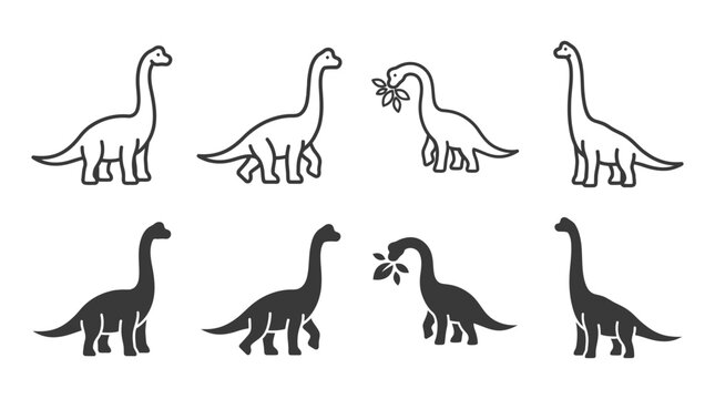 Long neck sauropod dinosaur icons set brachiosaurus or diplodocus silhouettes and outlines dinosaur sauropod