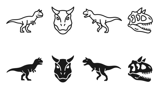 Set of carnosaur dinosaur silhouette and outline icons with dinosaur carnosaur predator prehistoric paleontology