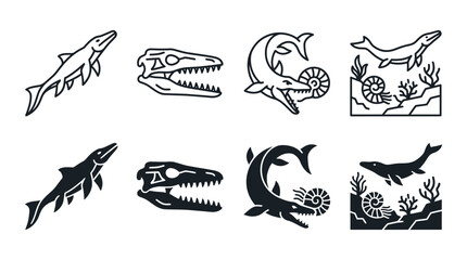 Obraz premium Marine reptile and sea fossil icon set for paleontology with mosasaur skeleton prehistoric ammonite silhouette