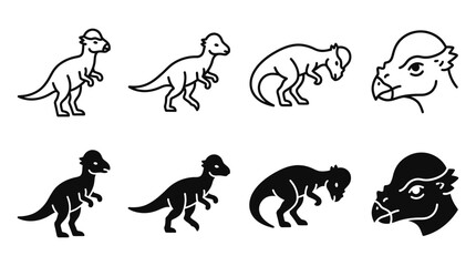 Obraz premium Pachycephalosaurus dinosaur set in outline and solid icon styles with pachycephalosaurus dinosaur prehistoric