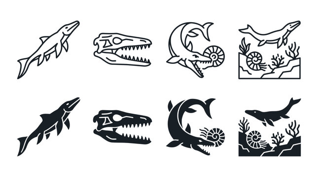 Marine reptile and sea fossil icon set for paleontology with mosasaur skeleton prehistoric ammonite silhouette