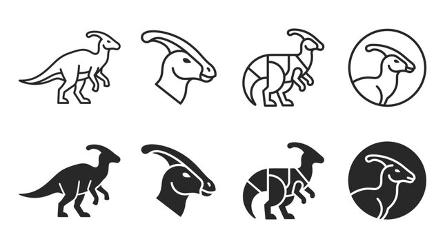 Parasaurolophus dinosaur icons in linear and glyph design styles with parasaurolophus dinosaur prehistoric creature
