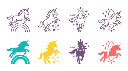 Fototapeta premium Set of magical unicorn icons in various poses jumping over rainbow running and jumping through hoop with mythical