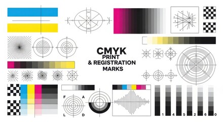 Fototapeta na wymiar Professional CMYK Print and Registration Marks for Color Calibration and Prepress Offset Printing Quality Control