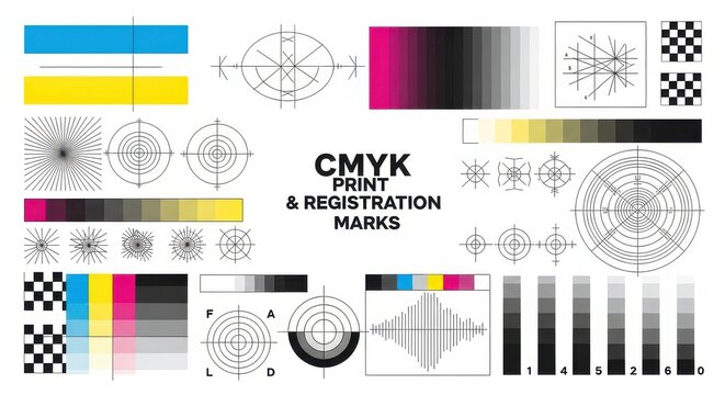 Professional CMYK Print and Registration Marks for Color Calibration and Prepress Offset Printing Quality Control