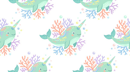 Cute Narwhal with Coral Pattern © Maliya