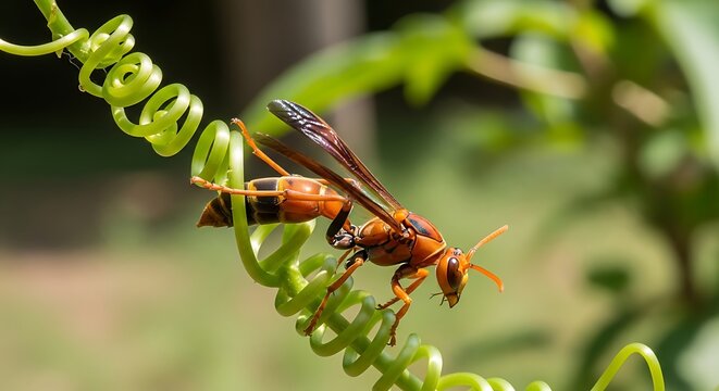 Macro orange paper wasp on green vine, stinging insect on spiral plant stem, wildlife photography of wasp in garden