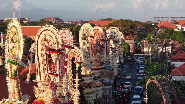 Aerial view of traditional Balinese decorations at Pura Agung Petilan in Kecamatan Denpasar Timur, Bali, Indonesia.