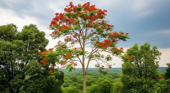 Blooming flamboyant tree with vibrant red flowers, tropical royal poinciana in lush forest, scenic summer landscape under cloudy sky
