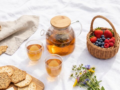 Commercial overhead shot of a modern glass teapot with bamboo lid and summer berries on white linen blanket