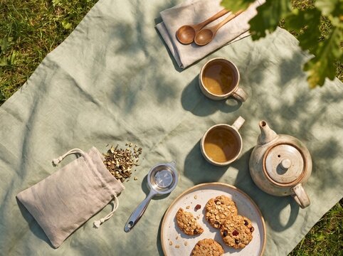 Overhead flat lay of a zero-waste tea picnic on green blanket with modern clay teapot, ceramic cups, and loose tea