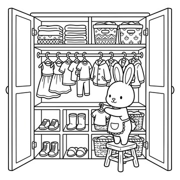 Clothes: Adorable rabbit standing on tiptoes hanging clothes with pegs on a clothesline, clean bold vector lines, coloring book style, pure white background.