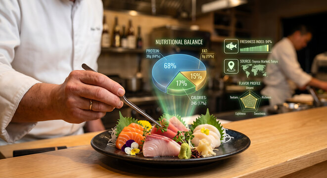 Chef preparing sashimi with digital data visualization