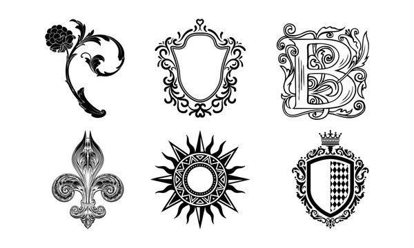 Vintage Heraldic Shield Set with Ornate Floral Frames, Laurel Leaves, Victorian Borders and Antique Vector Ornament Collection