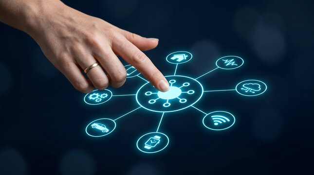 Futuristic Internet of Things interface with central IoT hub connected to smart devices and digital ecosystem icons