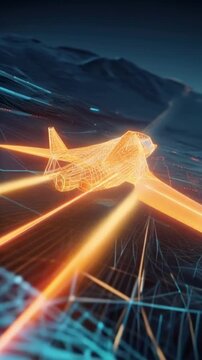 Futuristic aircraft illuminated with vibrant orange light, soaring through a digital grid. ..Created with Generative AI, not depicting real subjects.