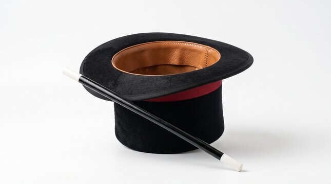 A black magic top hat with a red ribbon and tan leather interior rests upside down beside a classic black and white magic wand on a clean white background.