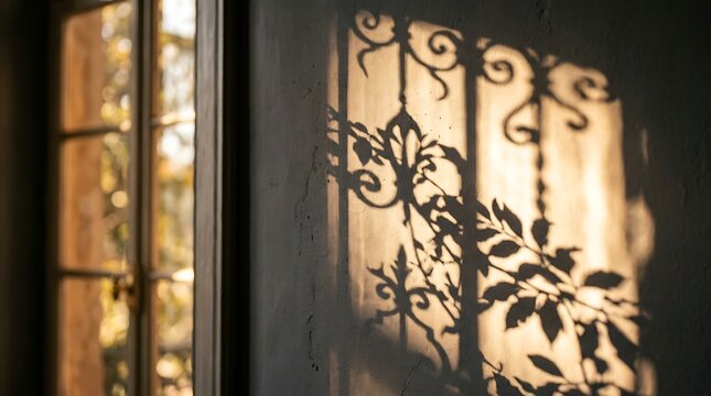 Ornate wrought iron window grill with soft golden sunlight and plant shadows.