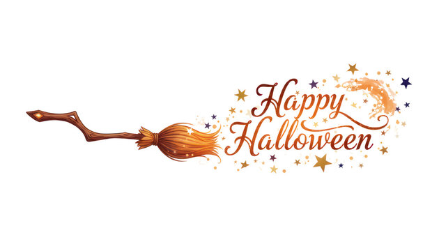 Vintage Halloween witch broom illustration, Happy Halloween lettering with stars, autumn holiday greeting design isolated PNG with Transparent Background