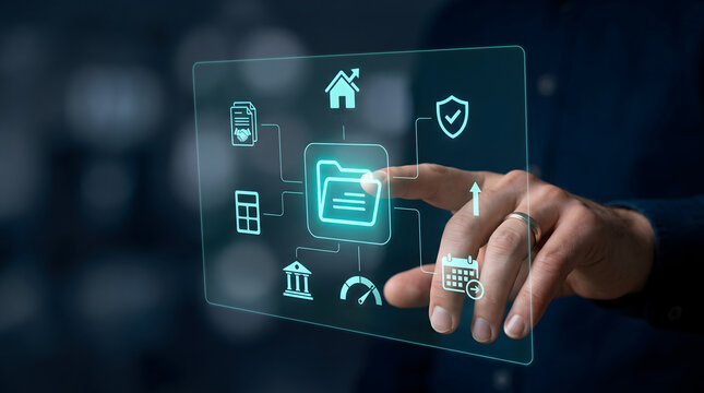 Holographic loan management dashboard interface with bank document icon and connected financial service symbols