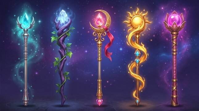 Five magical staves glowing with elemental energy, featuring unique crystals, runes, and celestial symbols set against a cosmic, starry background.