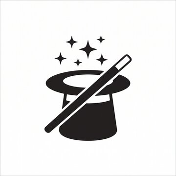 A minimal black vector icon featuring a classic magician's top hat, magic wand, and glowing sparkle stars on a clean white background.