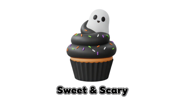 Cute Halloween cupcake illustration with ghost topper, black frosting with sprinkles. Sweet and Scary dessert graphic isolated PNG with Transparent Background