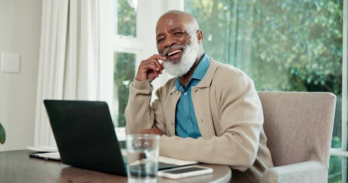 Face, senior and black man with laptop in home for retirement, pension or asset management. Portrait, elderly or male person with smile on computer for financial planning, expenses or bills in house