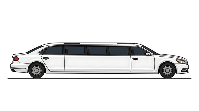 White Limousine Vehicle With Multiple Windows and Doors on a White Background Representing Luxury Transportation