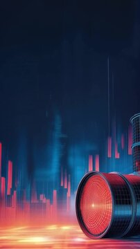 An oil drum glows with intense red light against a backdrop of abstract blue and red stock market charts. ..Created with Generative AI, not depicting real subjects.