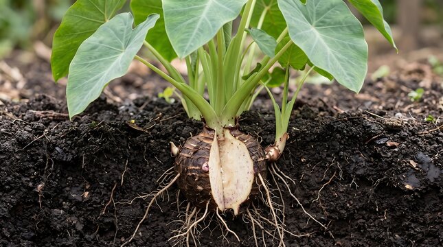 Macro shot of taro plant showing root tuber underground in fertile soil with green leaves